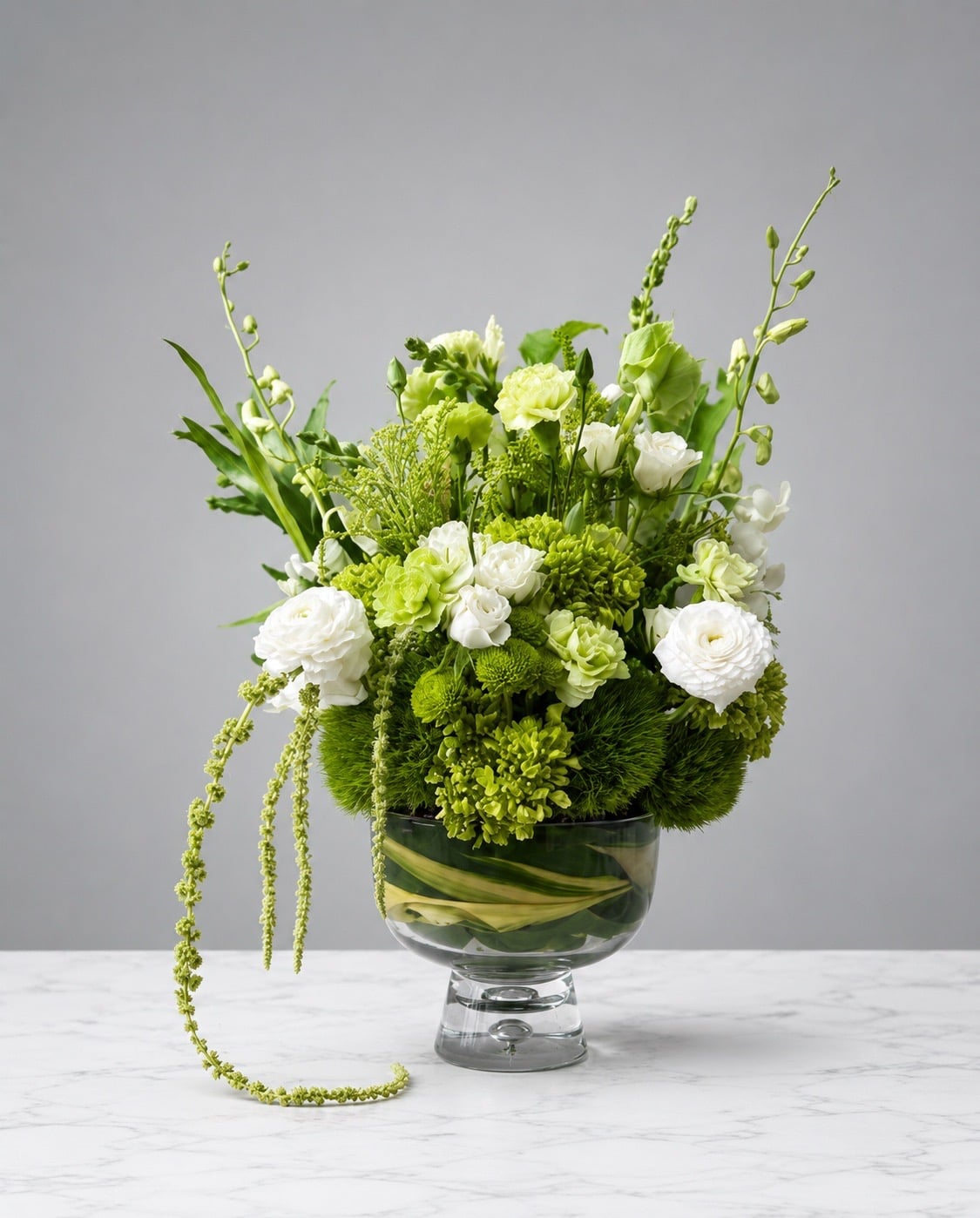 The Sculptural — Green ranunculus, hanging amaranthus, dianthus, delphinium spikes.
