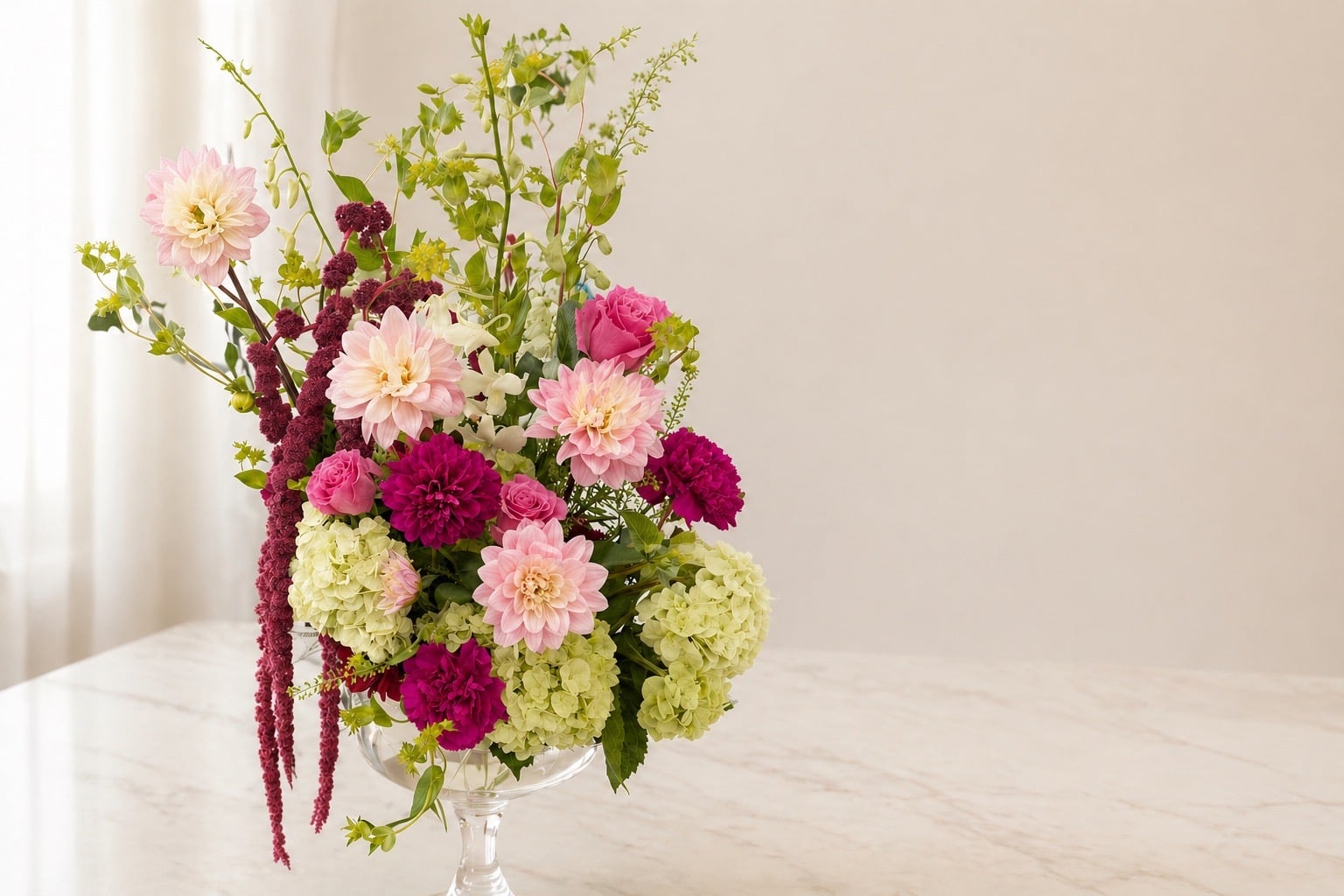 The Marble — Pink dahlia, magenta carnation, lime hydrangea, hanging amaranthus.