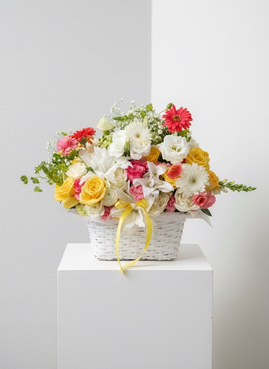The White Basket — Mixed seasonal — yellow roses, pink carnations, white lisianthus, gerbera.