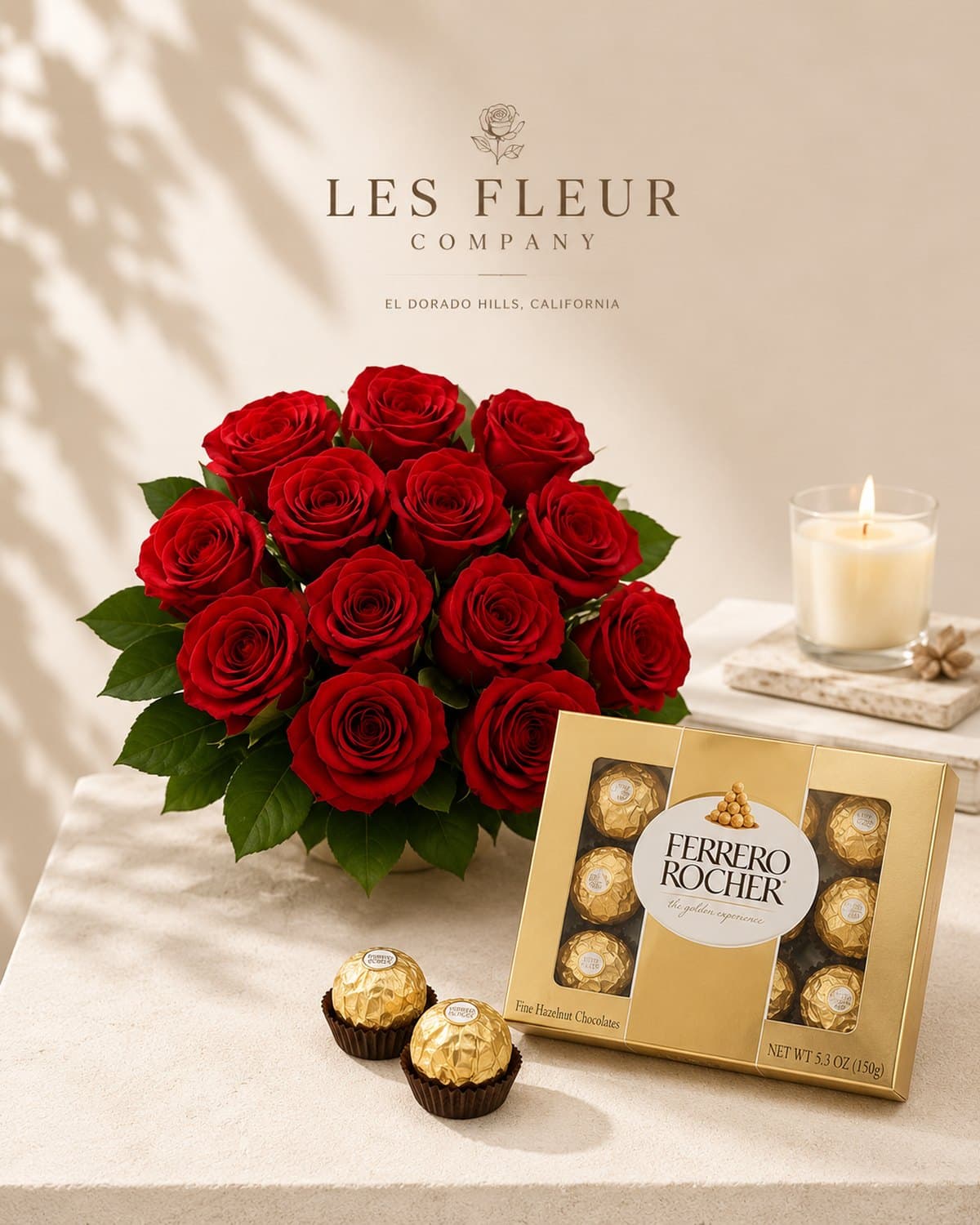Dozen Long Stemmed Red Roses with Baby's Breath — composed by Les Fleur Company